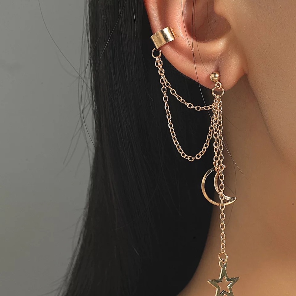 🎉 New Moon and Star Cuff & Stud Gold Plated Earring